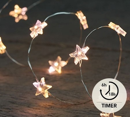 LEDverlichting B.O.T. LED ZILVERDRAAD/STER 20L/1M WARM WIT - 6/18H TIMER -2XAA/IP20 voor bloemschikken en decoratie