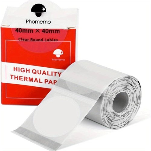 Thermische labels, TRANSPARANT ROND 40mm Stickers Labels Thermal/ rol 180 labels  voor diverse printers M110/M110S/M120/M200/M220/M221 om zelf foto, tekst, afbeeldingen op te printen