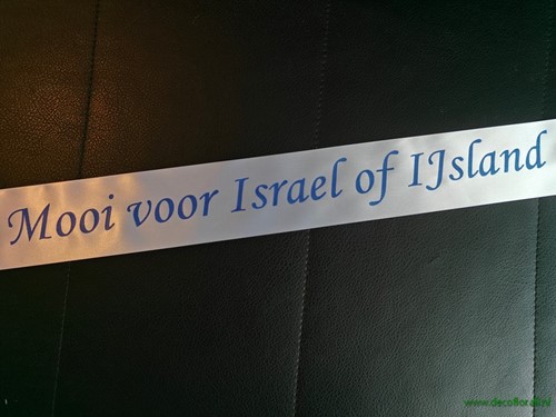 Ivory Lint 45 mm met Blauwe opdruk +/- 50cm. - Eigen tekst opgeven in het veld opmerkingen aan het eind van de bestelling Bedrukt lint