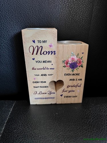 Houten duo met open hartje Mom you mean the world voor waxine of kleine ledkaarsen  Gift, geschenk, cadeau, herinnering
