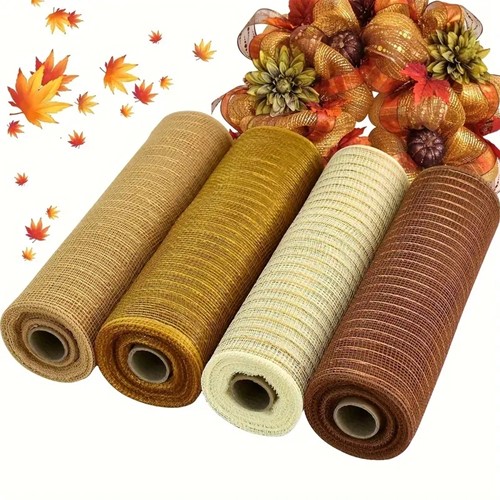Decomesh Deco mesh Metalic voor kransen en inpakken SET van Goud en creme tinten 4 rollen Decomesh
