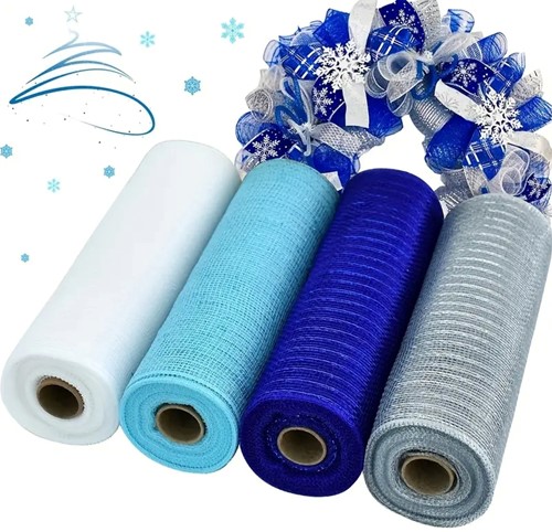 Decomesh Deco mesh Metalic voor kransen en inpakken SET van Blauw Wit Zilver tinten Decomesh