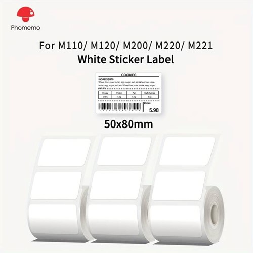 Thermische labels, WIT 50*80mm Stickers Labels Thermal Phomemo M110. M220, M221 / rol 100 labels om zelf foto, tekst, afbeeldingen op te printen