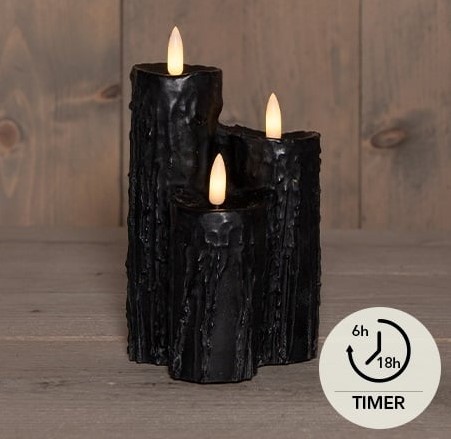 Actie LEDkaarsen Anna's Collection ZWART DRUIPKAARS WAX 3 X 3D VLAM  OP 2XAA BATTERIJ MET TIMER 16.5X11CM ZWART