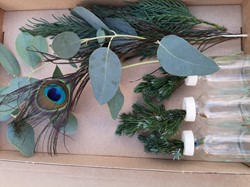 3 Flesjes bloemen Gemengdgroen + Eucalyptus + 1 Pauwenveer  in een doosje Een groet die iets doet