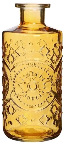Gekleurd glazen fles Berlin Oker / stuk Grotere fles ook voor olielamp bottle Ø9cm  h. 21 cm
