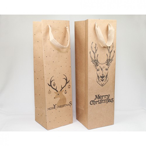 Geschenktas natuur 'hert' Flesmaat 35x10cm met breed trekkoord /stuk Uit assortie