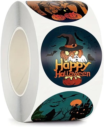 500 Stickers Labels Rol Happy Halloween pompoen  8 verschillende soorten rol etiketten-2
