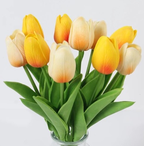 Actie Tulp Tulpen 33cm bundel kleur Champage en Geel HJ / Bundel +/-10st Tulpen Real Touch Foam