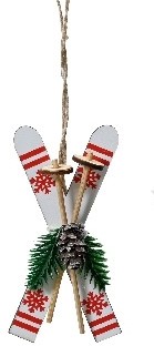 Hanger Houten Skies Wit met rood +/- 8cm / st Houten figuurtjes voor bloemschikken en kerstboom