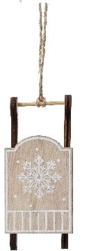Hanger Houten Slee Naturel met wit/ st Houten figuurtjes voor bloemschikken en kerstboom