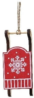 Hanger Houten Slee Rood met wit/ st Houten figuurtjes voor bloemschikken en kerstboom