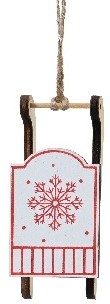 Hanger Houten Slee Wit met rood / st Houten figuurtjes voor bloemschikken en kerstboom