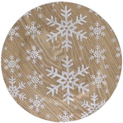 Onderbord Houtlook met Wit Winter Sneeuwvlokken Snowflake Onderbord – 33 cm Rond – Decoratief Tafelaccessoire