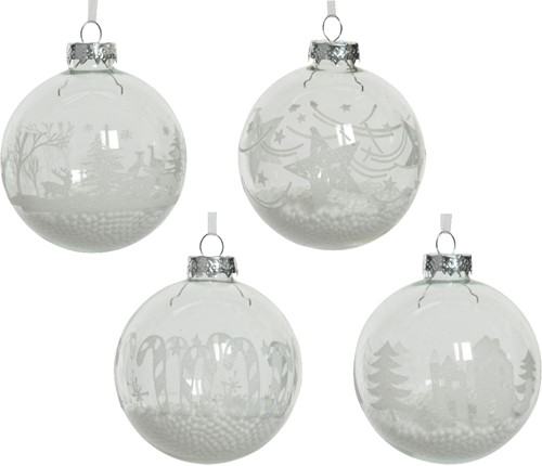 Kerstballen van Glas Transparant Kerstprint Snowflake etc  8 cm / per doos 12 stuks Supermooi! Gevuld met sneeuw. Bijzondere Decoratie voor Kerst 