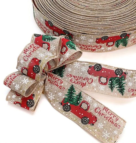 Kerstlint Merry Christmas Rode pickup met kerstbomen 5cm breed / 2 meter Kerstlint