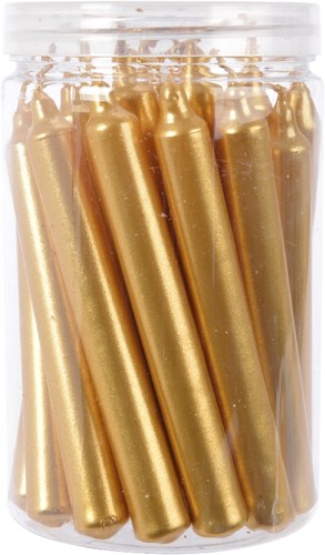 Kaarsen wax Korte dunnere dinner kaarsen metallic Goud dia 1.3cm x H.10.5cm / koker 22 stuks ook leuk in flesjes