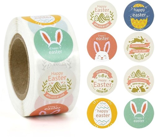 500 Stickers Labels Happy Easter Bunny, Pasen,Voorjaar 2,5 cm rond Z07/ L07 Sluitsticker