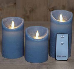 LEDkaarsen Anna's Collection LED kaars 3D Flame Candle Rustiek Denim Blue met afstandsbediening 7,5x10/12,5/15 cm  / 3 stuks Ledcandle voor bloemschikken en decoratie