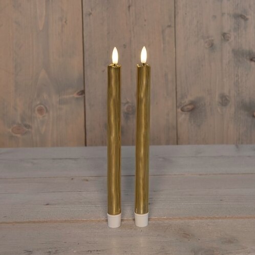 Actie LEDkaarsen Goud Anna's Collection LED kaars 3D Flame Candle D 2,5 H 23 cm /2 stuks Timer Ledcandle voor bloemschikken en decoratie