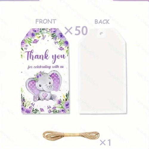 Bloemenkaartjes Thank you for Celebrating with us LILA Olifantje set 50st cadeaulabels met touwtje