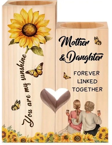 Houten duo Zonnebloemenopdruk met open hartje Moeder & Dochter voor waxine of kleine ledkaarsen  Gift, geschenk, cadeau, herinnering