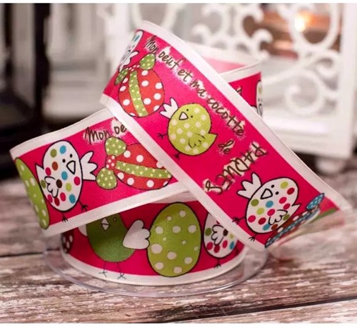 Lint Roze Paaskuikens - Oeuf Cocottes Lint 40mm x 20m OP=OP Lint met draad