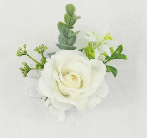 Luxe POLSCorsage  van zijdebloemen Wit/groen Polscorsage kant en klaar elastisch
