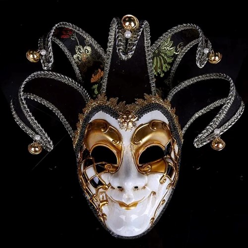 Handgemaakt Venetiaans masker Nar, Joker Zwartgoud Schitterende kwaliteit Full face mask