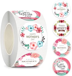  500 Stickers Labels Rol Thema Moederdag Happy Mothersday rol met 4 verschillende ronde etiketten  