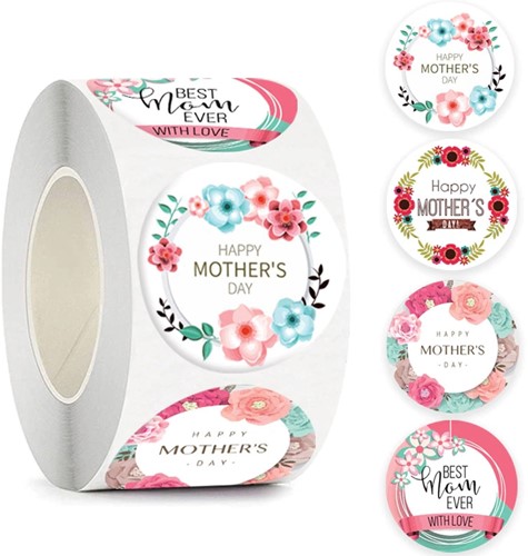 500 Stickers Labels Rol Thema Moederdag Happy Mothersday rol met 4 verschillende ronde etiketten  