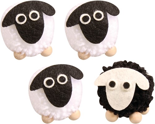 Pompon schaap, 5cm. °, om te hangen, 3x wit, 1x zwart, Box 4 Schaapjes