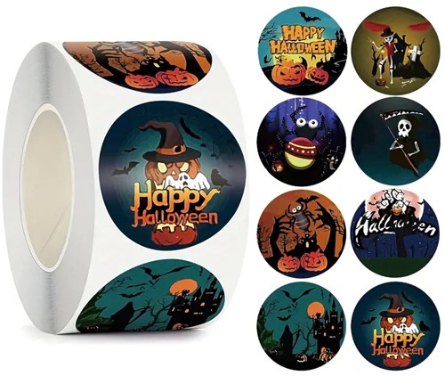 500 Stickers Labels Rol Happy Halloween pompoen  8 verschillende soorten rol etiketten