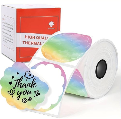 Thermische labels, REGENBOOG ROND +/- 50mm Stickers Labels Thermal/ rol 140 labels  voor diverse printers M110/M110S/M120/M200/M220/M221 om zelf foto, tekst, afbeeldingen op te printen