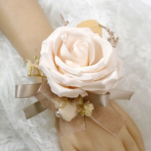Luxe POLSCorsage, corsage van zijderoos Vintage Champagne Caffee Schitterende kwaliteit passend bij 024588