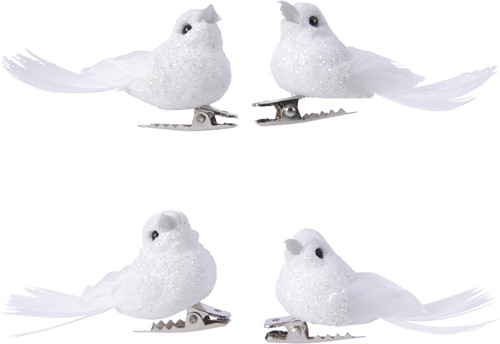 Witte vogeltjes op clip Wit glitter 4 stuks voor bloemschikken, decoratie, kerstboom