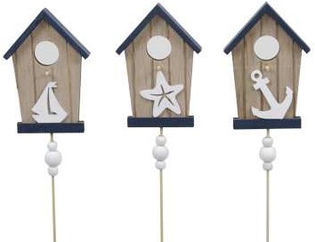 Maritiem houten bijsteker Strandhuisjes 8. 5x11,5cm. Pak3 strandhuisje
