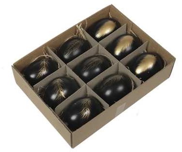 Zwarte Kippeneieren met gouden veren opdruk 6 cm. Doosje 9 stuks 3 verschillende bv voor pasen en voorjaardecoraties