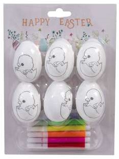 Knutselset Hobbypakket eieren versieren met markers, 6 cm Kuiken Chicken 6 st Eieren kleuren