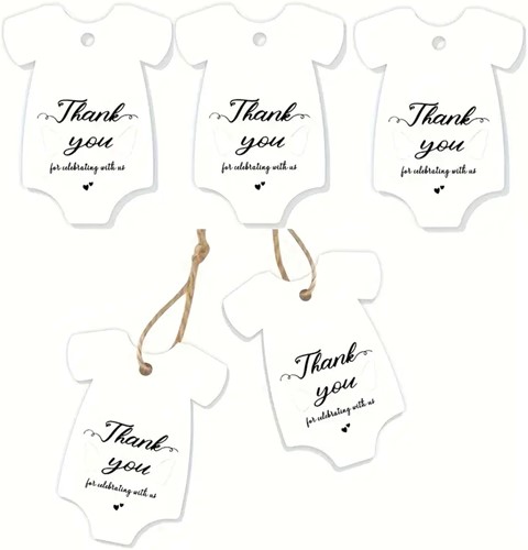 Bloemenkaartjes Thank you for Celebrating with us Wit Baby Rompertje set 50st cadeaulabels met touwtje