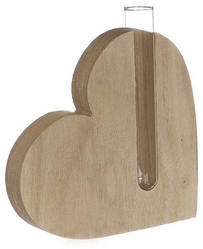 Wood heart with tube 14x 2.8 h.13 cm, naturel, houten hart met reageerbuis, leuk cadeau item