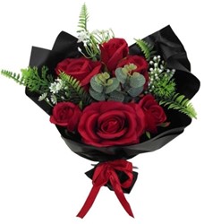 Low budget 43cm WRAPPED ROSE BOUQUET WITH EUCALYPTUS FOLIAGE AND SATIN BOW RED/BLACK zijderozen