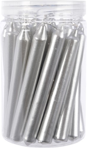 Kaarsen wax Korte dunnere dinner kaarsen metallic Zilver dia 1.3cm x H.10.5cm / koker 22 stuks ook leuk in flesjes